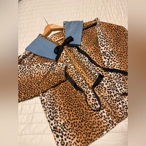 Upcycled Leopard Print Cozy Fleece with denim Oversized Collar